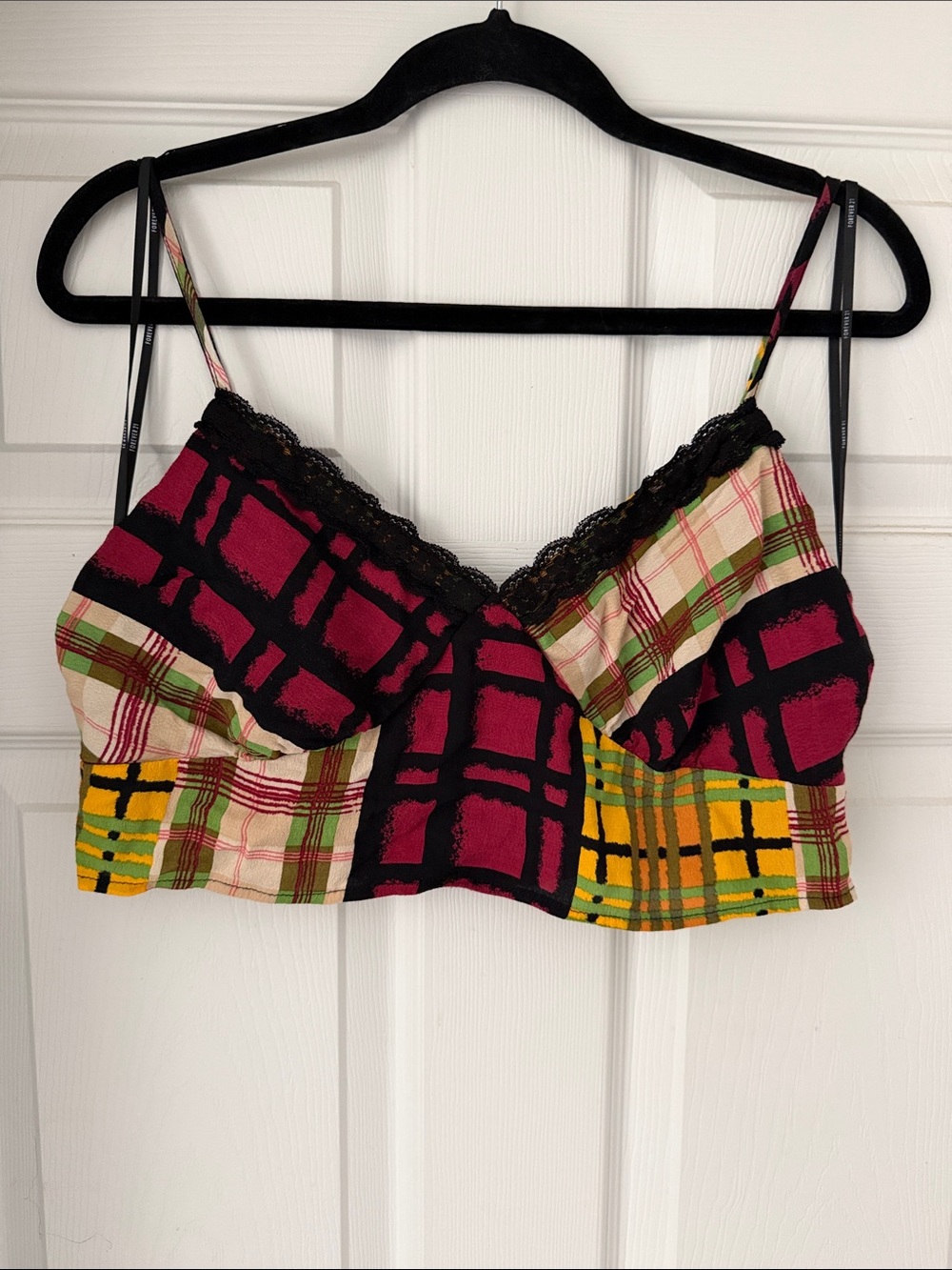 Plaid Bralette Crop Top with Lace Trim - Multi